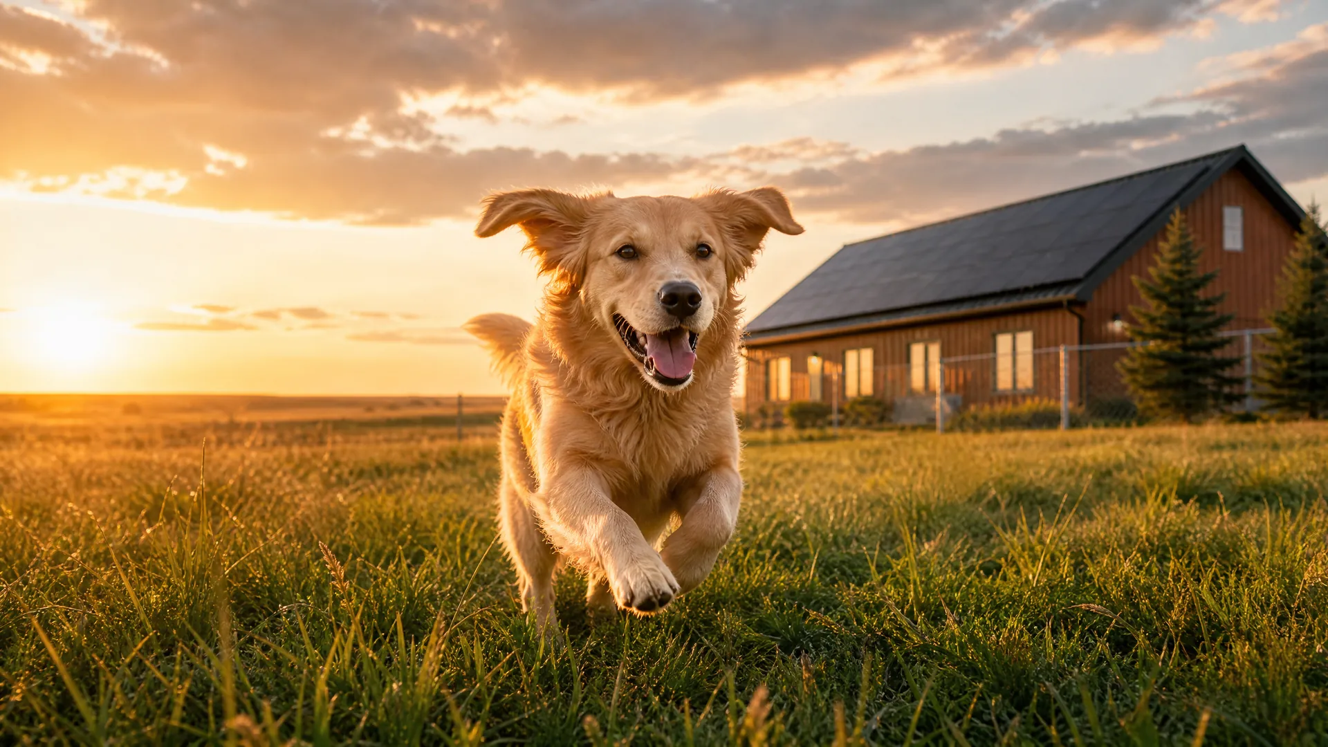 Golden retriever running in front of a solar-powered shelter building
