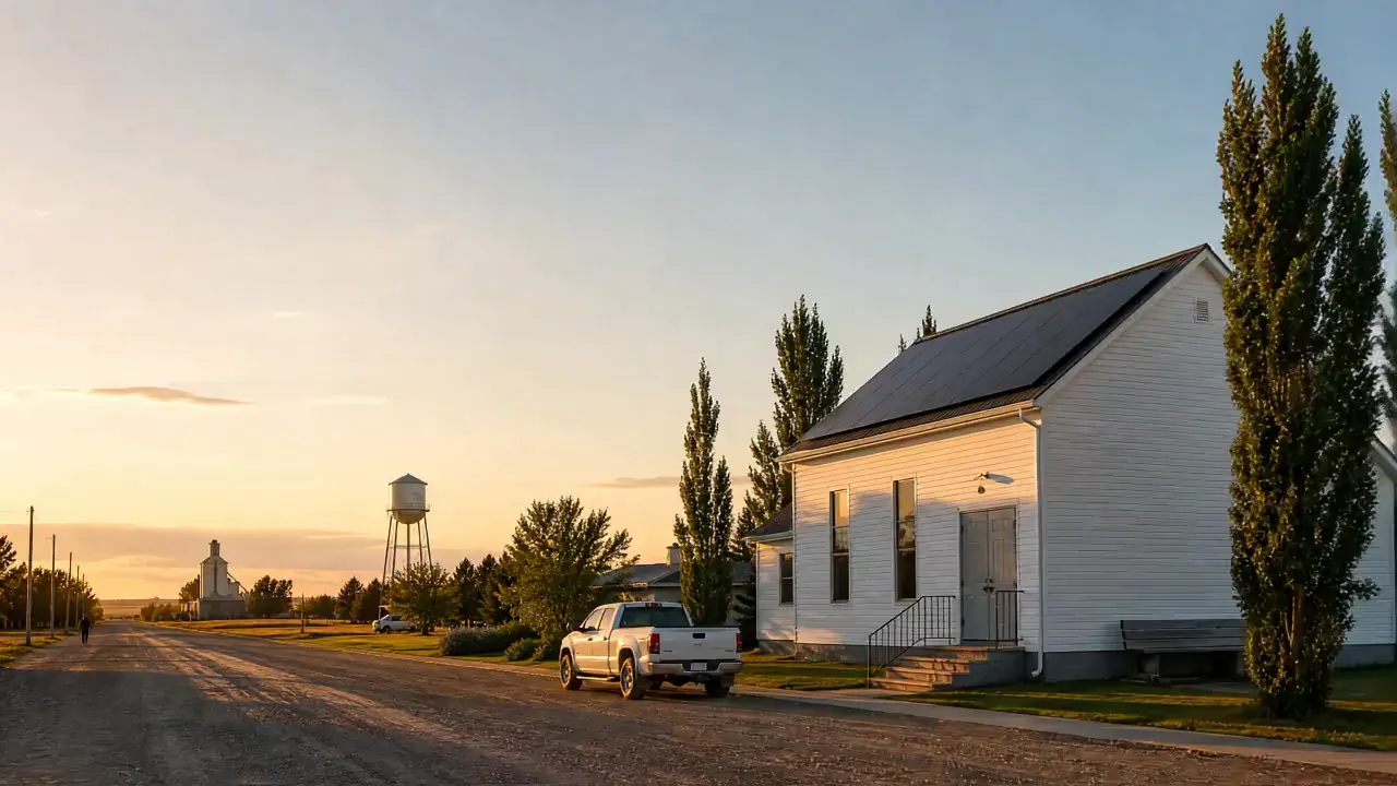 Small-town Alberta main street at golden hour