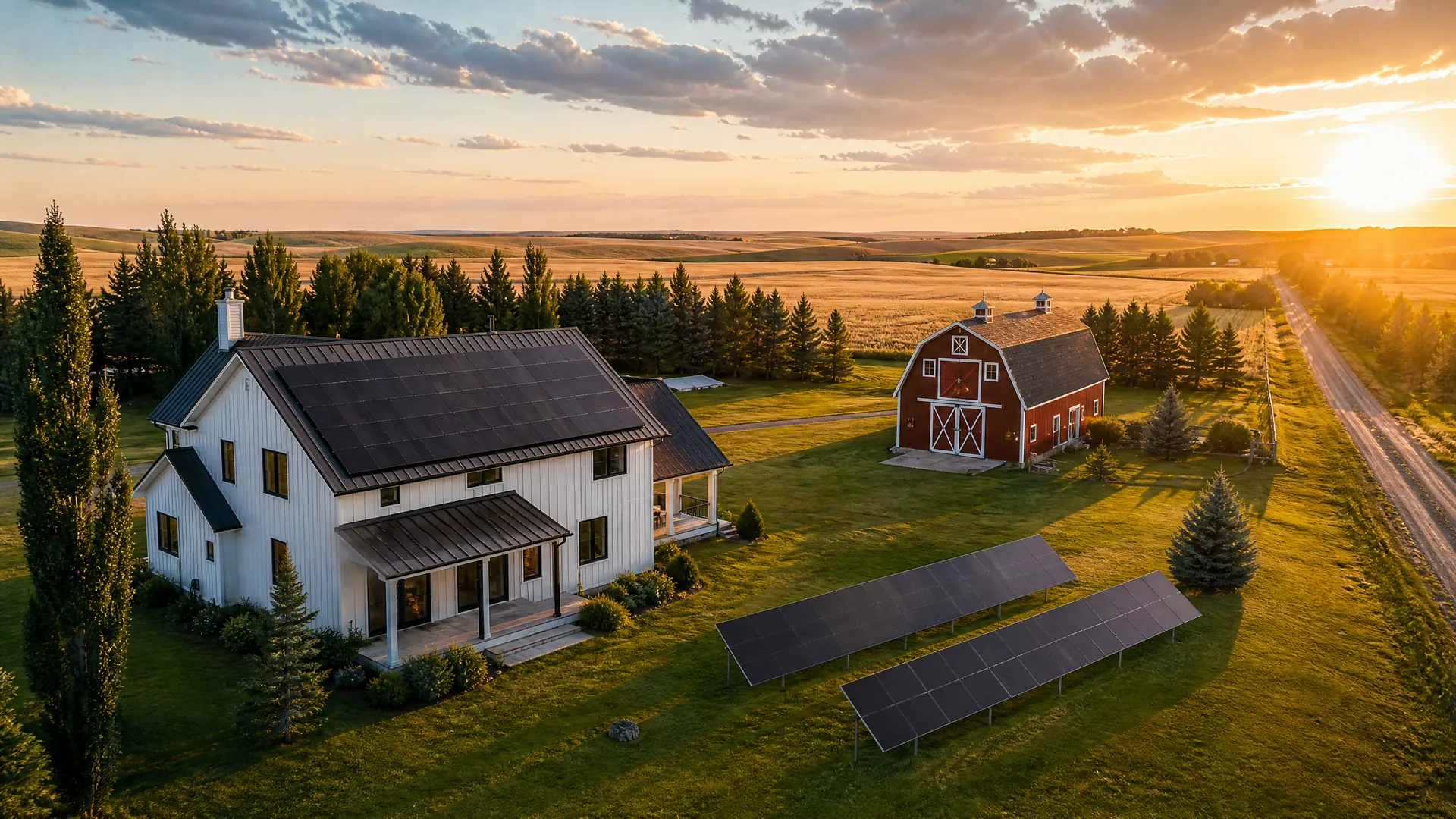 Aerial view of an Alberta farmstead at golden hour — all-black solar panels on the farmhouse roof and two ground-mount rows in the yard, red barn behind
