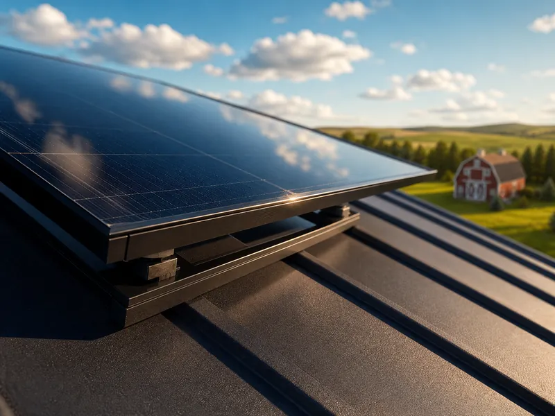 Close view of all-black solar panels on a farmhouse roof catching the light