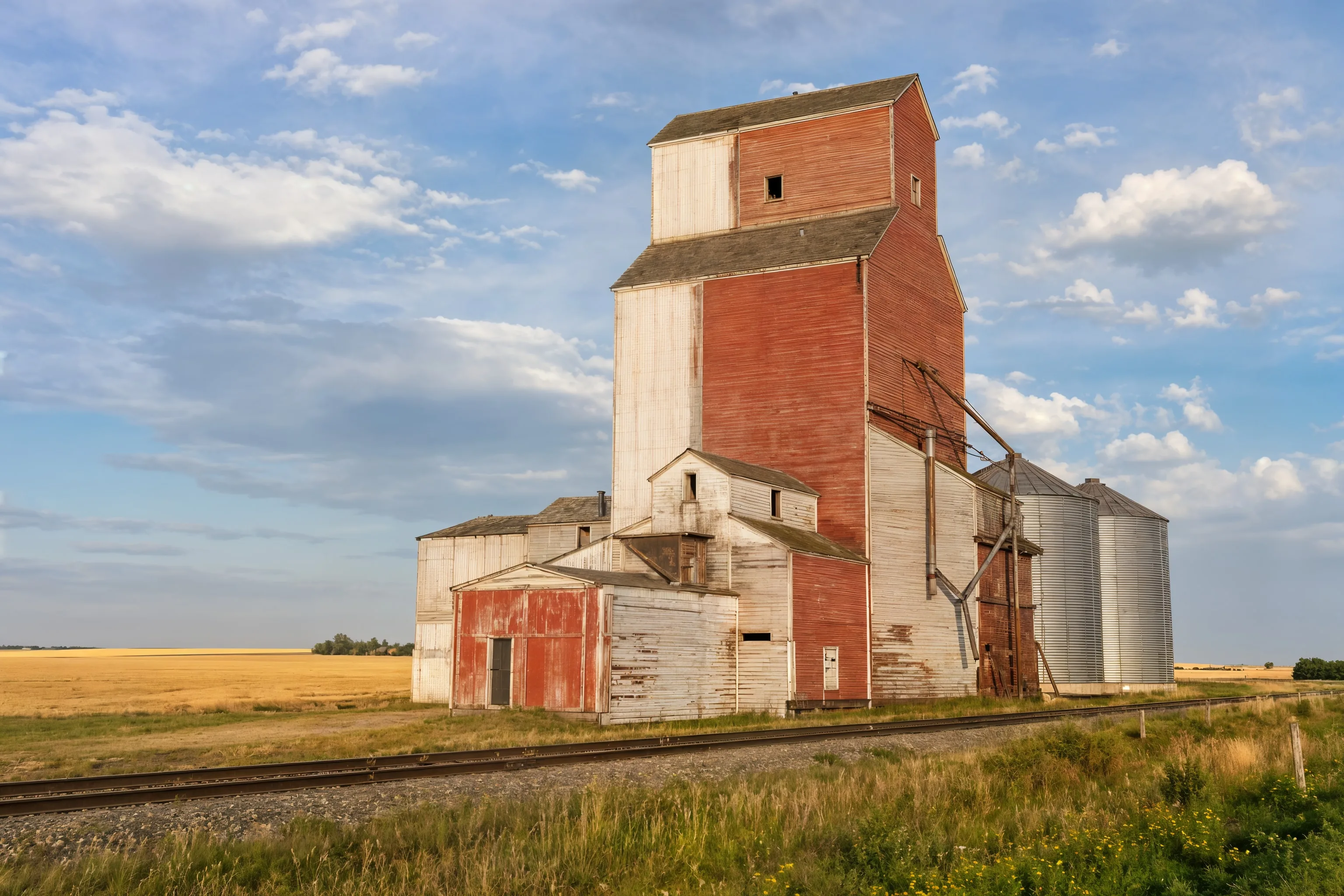 Grain elevator complex and rail line on the edge of Killam, Alberta, in Flagstaff County farm country